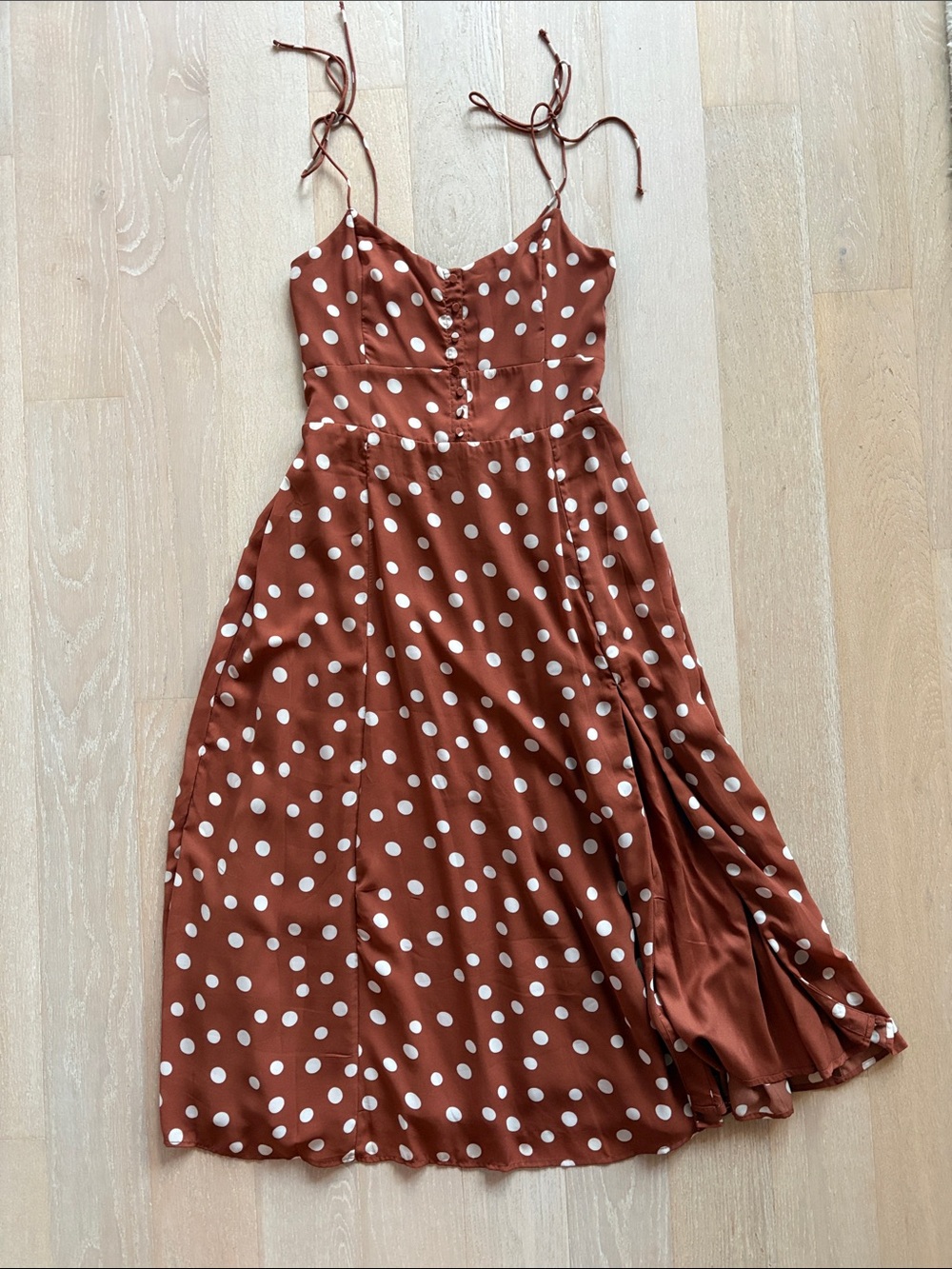 Abercrombie & Fitch Brown and White Polka Dot Tie-Shoulder Midi Dress